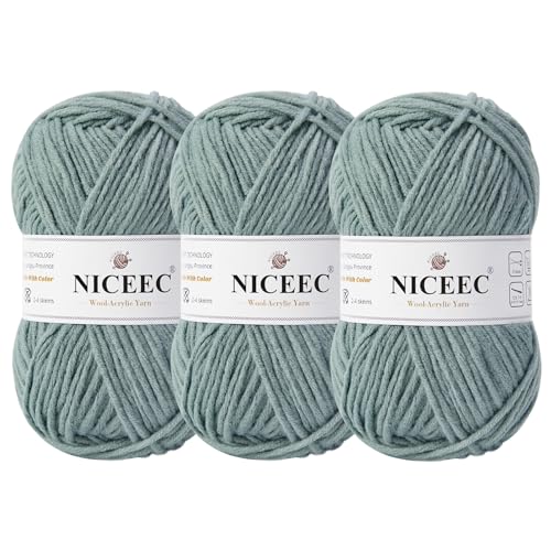 NICEEC 3 Knäuel, weiches Woll-Acrylgarn zum Stricken, Kammgarn, Qualitätsgarn für Bastelarbeiten, Wollmischgarn zum Häkeln, Deckengarn (3 x 3,1,502 g, 3 x 150 m, Hellgraugrün von NICEEC