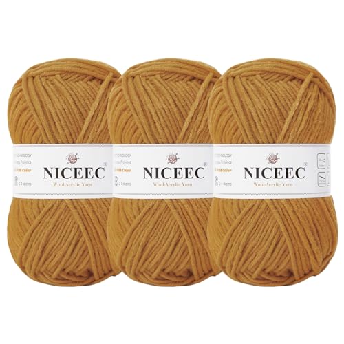 NICEEC 3 Knäuel, weiches Woll-Acrylgarn zum Stricken, Kammgarn, Qualitätsgarn für Bastelarbeiten, Wollmischgarn zum Häkeln, Deckengarn (3 x 3,1,502 g, 3 x 150 m, Ingwer von NICEEC