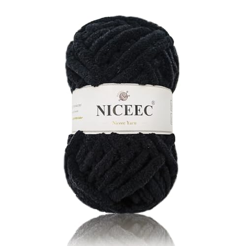 NICEEC Chenille-Garn, Deckengarn zum Stricken, ausgefallenes Garn zum Häkeln, Weben, Basteln, Gesamtlänge 40 m, 100 g, Schwarz von NICEEC