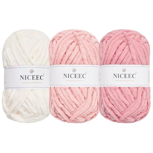 NICEEC Funkelndes Chenille-Garn, weiches Garn zum Häkeln, Stricken, Deckengarn, Bastelgarn für Decken, Gesamtlänge 3 x 50 m, Rosa Serie von NICEEC