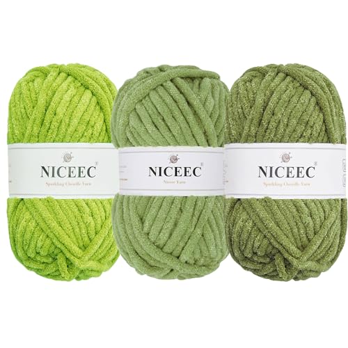 NICEEC Funkelndes Chenille-Garn, weiches Garn zum Häkeln, Stricken, Deckengarn, Bastelgarn für Decken, Gesamtlänge 3 x 50 m, grüne Serie von NICEEC