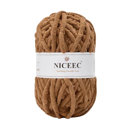 NICEEC Funkelndes Chenille-Garn, weiches Garn zum Häkeln, Stricken, Deckengarn, Bastelgarn für Decken, Gesamtlänge 50 m, Braun von NICEEC