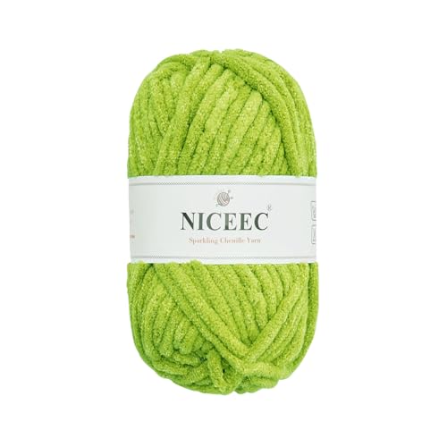 NICEEC Funkelndes Chenille-Garn, weiches Garn zum Häkeln, Stricken, Deckengarn, Bastelgarn für Decken, Gesamtlänge 50 m, Frühlingsgrün, 1 Knäuel von NICEEC