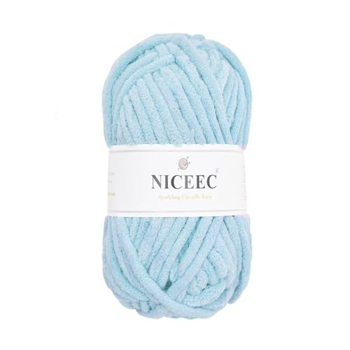 NICEEC Funkelndes Chenille-Garn, weiches Garn zum Häkeln, Stricken, Deckengarn, Bastelgarn für Decken, Gesamtlänge 50 m, Hellblau, 1 Knäuel von NICEEC