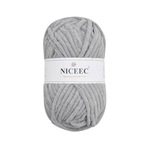 NICEEC Funkelndes Chenille-Garn, weiches Garn zum Häkeln, Stricken, Deckengarn, Bastelgarn für Decken, Gesamtlänge 50 m, Hellgrau, 1 Knäuel von NICEEC