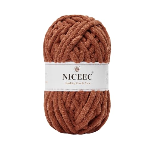 NICEEC Funkelndes Chenille-Garn, weiches Garn zum Häkeln, Stricken, Deckengarn, Bastelgarn für Decken, Gesamtlänge 50 m, Karamell von NICEEC