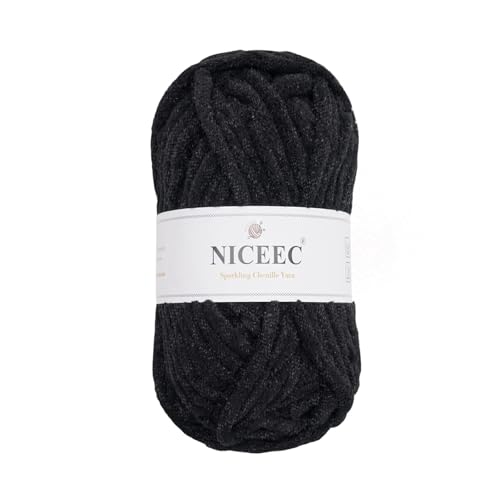 NICEEC Funkelndes Chenille-Garn, weiches Garn zum Häkeln, Stricken, Deckengarn, Bastelgarn für Decken, Gesamtlänge 50 m, Schwarz von NICEEC