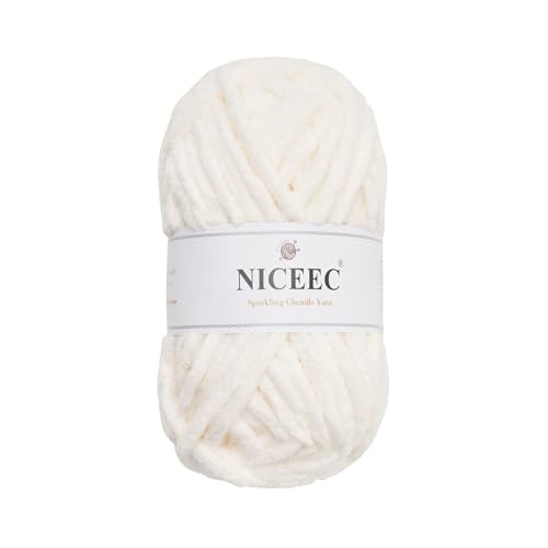 NICEEC Funkelndes Chenille-Garn, weiches Garn zum Häkeln, Stricken, Deckengarn, Bastelgarn für Decken, Gesamtlänge 50 m, Weiß von NICEEC