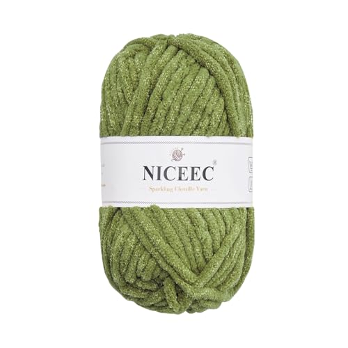 NICEEC Funkelndes Chenille-Garn, weiches Garn zum Häkeln, Stricken, Deckengarn, Bastelgarn für Decken, Gesamtlänge 50 m, warmes Grün, 1 Knäuel von NICEEC