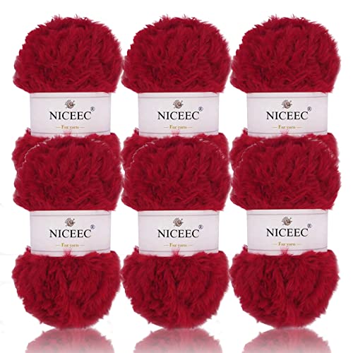 NICEEC Kunstfell-Garn, superweiches Garn, grob, flauschig, Wimperngarn für Häkelarbeiten, Gesamtlänge 6 × 32 m, 50 g × 6, Rot/300 g von NICEEC