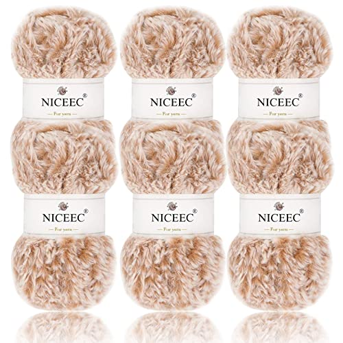 NICEEC Kunstfellgarn, superweich, grob, flauschiges Garn, Wimperngarn, zum Häkeln, Stricken, Gesamtlänge 6 × 32 m, 50 g × 6, Khaki/300 g von NICEEC