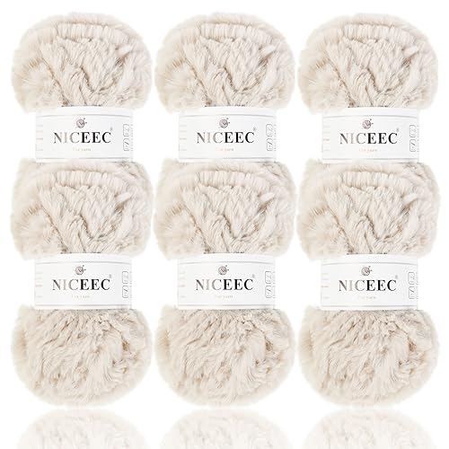 NICEEC Kunstfellgarn, superweich, grob, flauschiges Garn, Wimperngarn zum Häkeln, Stricken, Gesamtlänge 6 × 32 m, 50 g × 6), Beige/300 g von NICEEC