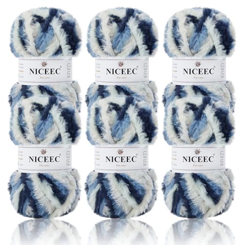 NICEEC Kunstfellgarn, superweich, grob, flauschiges Garn, Wimperngarn zum Häkeln, Stricken, Gesamtlänge 6 × 32 m, 50 g × 6), Blau mit Weiß/300 g von NICEEC