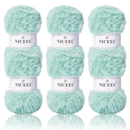 NICEEC Kunstfellgarn, superweich, grob, flauschiges Garn, Wimperngarn zum Häkeln, Stricken, Gesamtlänge 6 × 32 m, 50 g × 6), Cyan/300 g 6 Pack von NICEEC