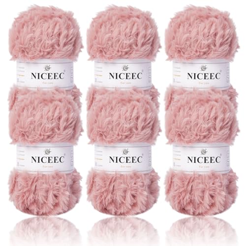 NICEEC Kunstfellgarn, superweich, grob, flauschiges Garn, Wimperngarn zum Häkeln, Stricken, Gesamtlänge 6 × 32 m, 50 g × 6), Dusty Rose/300 g 6 Pack von NICEEC