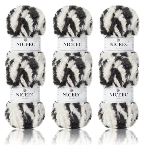 NICEEC Kunstfellgarn, superweich, grob, flauschiges Garn, Wimperngarn zum Häkeln, Stricken, Gesamtlänge 6 × 32 m, 50 g × 6), Panda/300 g von NICEEC