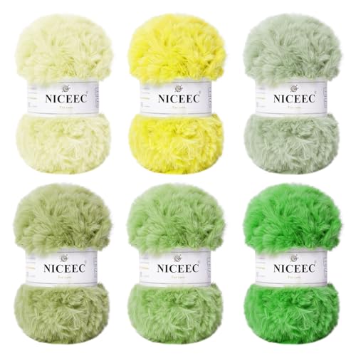 NICEEC Kunstfellgarn, superweich, grob, flauschiges Garn, Wimperngarn zum Häkeln, Stricken, Gesamtlänge 6 × 32 m, 50 g × 6), gelb und grün, Serie/300 g, 6 Pack von NICEEC