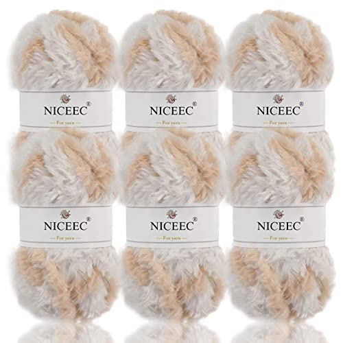 NICEEC Kunstfellgarn, superweiches Garn, grob, flauschig, Wimperngarn für Häkelarbeiten, Gesamtlänge 6 x 32 m, 50 g x 6, Ingwer-Katze, 300 g von NICEEC