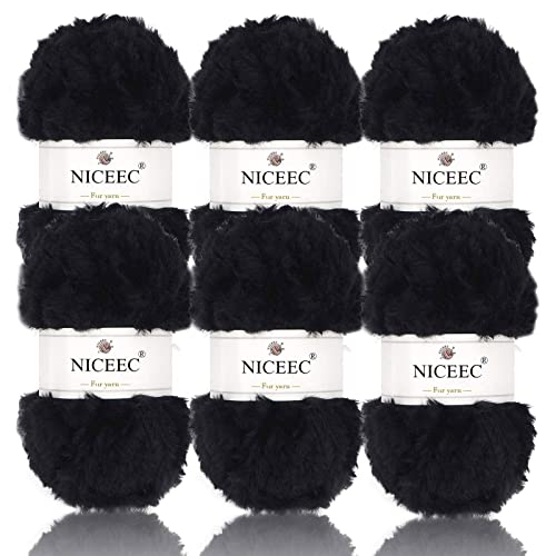 NICEEC Kunstfellgarn, superweiches Garn, grob, flauschig, Wimperngarn für Häkelarbeiten, Gesamtlänge 6 x 32 m, 50 g x 6 cm, schwarz, 300 g von NICEEC