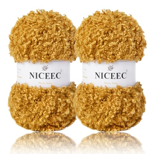 NICEEC Teddyfell-Garn, superweiches Garn, grob, flauschiges Kunstfellgarn, flauschiges Kunstfell, Wimperngarn zum Häkeln, Stricken, Gesamtlänge 2 x 50 m, Gold von NICEEC