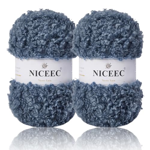 NICEEC Teddyfell-Garn, superweiches Garn, grob, flauschiges Kunstfellgarn, flauschiges Kunstfell, Wimperngarn zum Häkeln, Stricken, Gesamtlänge 2 x 50 m, Nebelblau von NICEEC