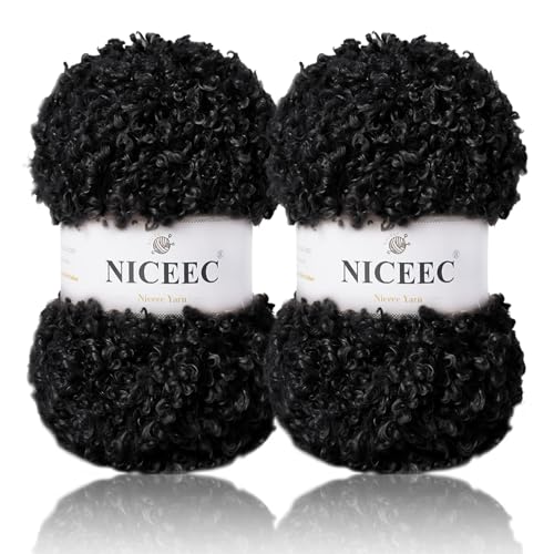 NICEEC Teddyfell-Garn, superweiches Garn, grob, flauschiges Kunstfellgarn, flauschiges Kunstfell, Wimperngarn zum Häkeln, Stricken, Gesamtlänge 2 x 50 m, Schwarz von NICEEC