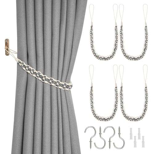 NICEEC Vorhang-Raffhalter aus Wachsseil, eleganter Boho-Stil, dekorative Raffhalter, einzigartig, handgewebt, Seil, Vorhanghalter mit Metallhaken für Zuhause und Büro, Vorhänge (Dunkelgrau und Beige) von NICEEC