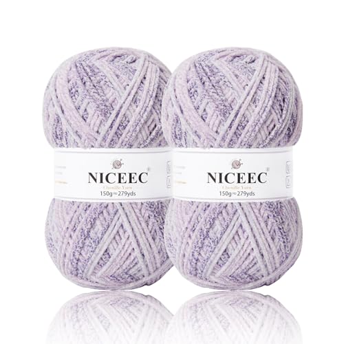 NICEEC Weiches Chenille-Garn, Deckengarn zum Stricken, ausgefallenes Garn zum Häkeln, Weben, Basteln, Gesamtlänge 2 x 255 m, 2 x 150 g, Nebelviolett, 2 Knäuel von NICEEC