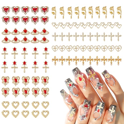 NICENEEDED 100 Stück 3D Gold Nagel Charms Set Kreuz Nagel Charms Herz Nagel Edelsteine Rot Strass Charms Rose Nail Art Schmuck von NICENEEDED