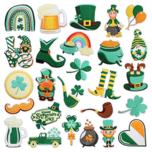 NICENEEDED 26 Stück St. Aufnäher Zum Patrick's Day Aufnäher Zum Aufbügeln Irisches Kleeblatt Reparatur Applikationen Glückskleeblatt Bestickte Applikation Zum Aufnähen von NICENEEDED