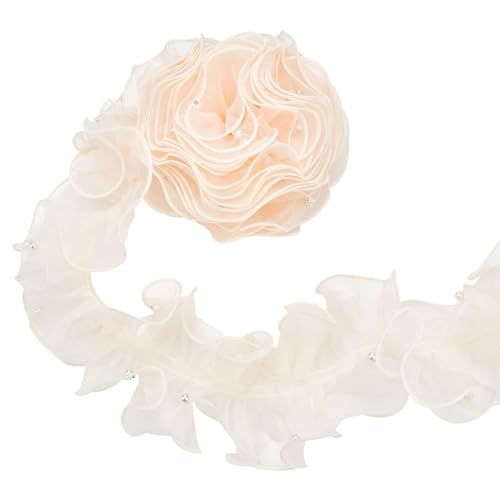 NICENEEDED 3 Yard Organza-Rüschenbesatz, Plissiertes Satin-Organza-Spitzenstoffband Mit Perlen, Randgeraffter Rüschenbesatz Zum Nähen Und Basteln von NICENEEDED