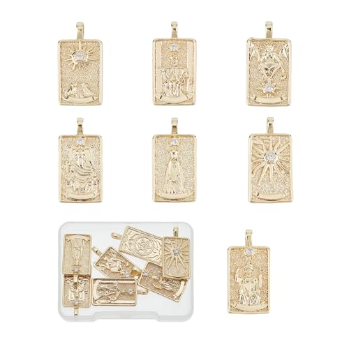 NICENEEDED 7 Stück Tarotkarten-Anhänger, 14K Vergoldete Messing-Sonne-Mond-Charms, Rechteckige Magische Ouijas-Charm-Glücks-Amulett-Anhänger von NICENEEDED