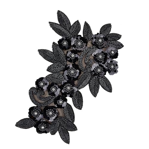 NICENEEDED Bestickte Spitzenapplikation mit Strass zum Aufnähen, schwarze Perlen-Pailletten, Applikationen, Blumen-Perlen-Patches, Polyester-Flicken für Hochzeit, Abendkleid, DIY, manuelles Zubehör von NICENEEDED