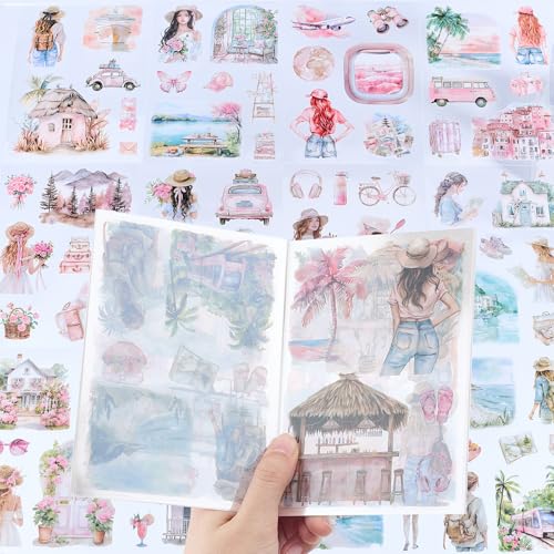 NICENEEDED Sommer Strand Scrapbook Stickerbuch 20 Blatt Vorgeschnittene Journalaufkleber Transparente PET Landschaftsaufkleber Aquarell Scrapbooking Junk Journal Zubehör von NICENEEDED