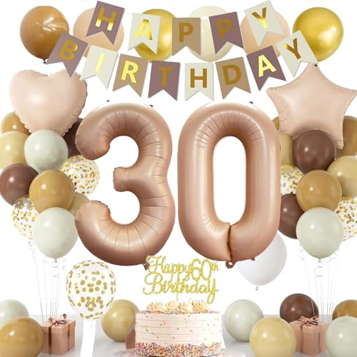 30 Geburtstag Deko für Männer Frauen, 30 Retro Braun Beige Creme Luftballons mit Stern Herz Folienballons Geburtstag Banner, Cake Topper, Nummer 30 Folienballons für 30 Geburtstag Party Dekorationen von NICETAO