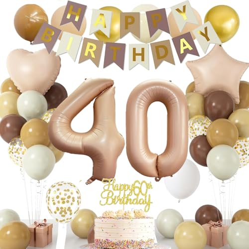 40 Geburtstag Deko für Männer Frauen, 40 Retro Braun Beige Creme Luftballons mit Stern Herz Folienballons Geburtstag Banner, Cake Topper, Zahl 40 Folienballons für 40 Geburtstag Party Dekorationen von NICETAO