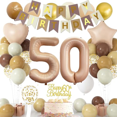 50 Geburtstag Deko für Männer Frauen, 50 Retro Braun Beige Creme Luftballons mit Stern Herz Folienballons Geburtstag Banner, Cake Topper, Zahl 50 Folienballons für 50 Geburtstag Party Dekorationen von NICETAO