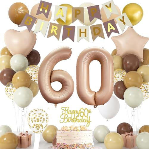 60 Geburtstag Deko für Männer Frauen, 60 Retro Braun Beige Creme Luftballons mit Stern Herz Folienballons Geburtstag Banner, Cake Topper, Zahl 60 Folienballons für 60 Geburtstag Party Dekorationen von NICETAO