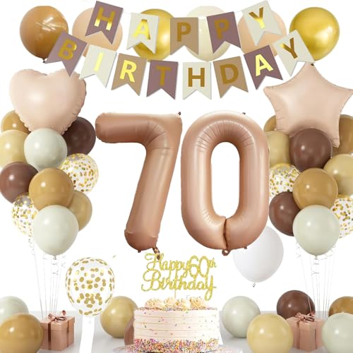 70 Geburtstag Deko für Männer Frauen, 70 Retro Braun Beige Creme Luftballons mit Stern Herz Folienballons Geburtstag Banner, Cake Topper, Zahl 70 Folienballons für 70 Geburtstag Party Dekorationen von NICETAO