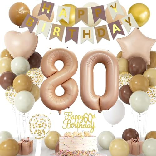 80 Geburtstag Deko für Männer Frauen, 80 Retro Braun Beige Creme Luftballons mit Stern Herz Folienballons Geburtstag Banner, Cake Topper, Zahl 80 Folienballons für 80 Geburtstag Party Dekorationen von NICETAO