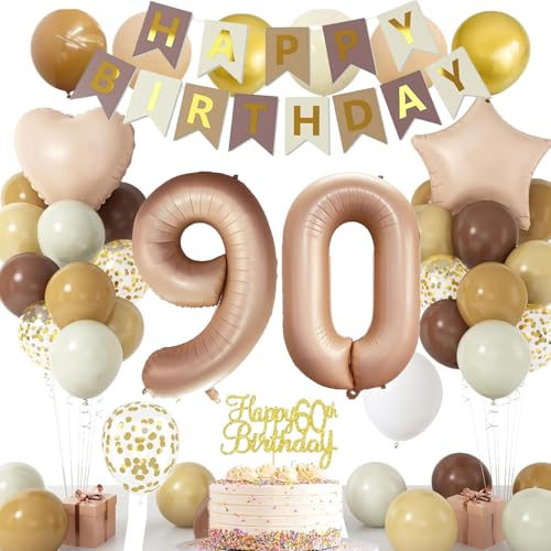 90 Geburtstag Deko für Männer Frauen, 90 Retro Braun Beige Creme Luftballons mit Stern Herz Folienballons Geburtstag Banner, Cake Topper Zahl 90 Folienballons für 90 Geburtstag Party Dekorationen von NICETAO