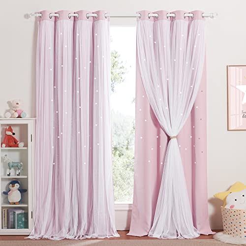 NICETOWN Doppellagige Vorhänge mit Voile Kinderzimmer Gardinen mit Ösen Dekoration Sternenvorhang Mädchen 2 Stücke Verdunklungsvorhänge H 300 x B 132 cm, Hellpink von NICETOWN