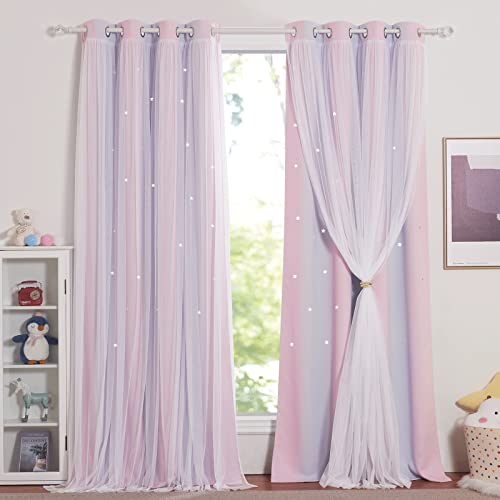 NICETOWN Gardinen Kinderzimmer Mädchen 2 Stücke Verdunklungsvorhänge mit Ausgehöhlten Sternen und Voile Vorhang Blickdicht Ösenschal H 300 x B 132 cm, Pink+Lila von NICETOWN