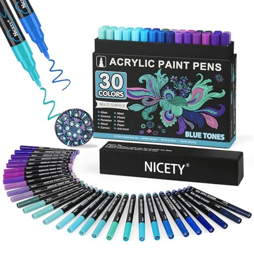 NICETY 30pcs Acrylstifte für Steine Wasserfest - 30 Multimarker Acrylmarker Glasmalstifte für Stein Stoff Holz Leinwand Glas Keramik - 0,7 mm Acrylic Paint Marker (Blau) von NICETY