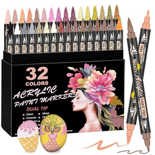 NICETY 32 Stück Acrylstifte für Steine Wasserfest - Dual Tip Acrylmarker Multimarker für Steine Bemalen Holz Stein Stoff Glas Keramik,0.5-5mm Acrylfarben Stifte Acrylic Paint Marker (Hauttöne) von NICETY