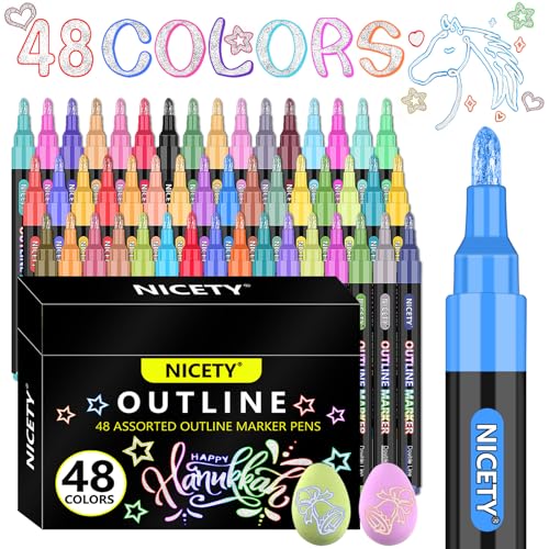 NICETY 48 Farben Glitzerstifte Mädchen - Glitzer Stifte Outline Magische Stifte Metallic Marker für DIY Zauberstifte Kinder Outline Marker Pens von NICETY