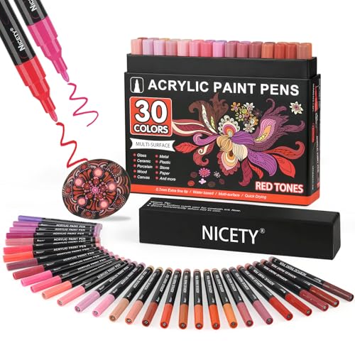 NICETY Acrylstifte für Steine Wasserfest - 30 Multimarker Acrylmarker Glasmalstifte für Stein Stoff Holz Leinwand Glas Keramik - 0,7 mm Acrylic Paint Marker Porzellanstifte (rot) von NICETY