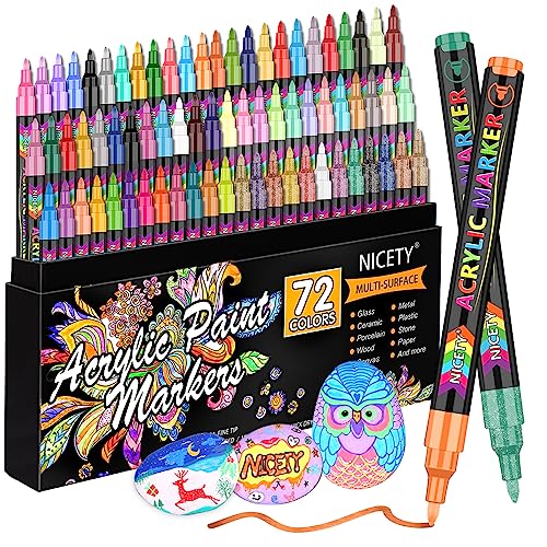 NICETY Acrylstifte für Steine Wasserfest - 72 Multimarker Acrylmarker Glasmalstifte für Stein Stoff Holz Leinwand Glas Keramik - 0,7 mm Acrylic Paint Marker Porzellanstifte von NICETY