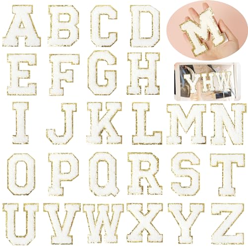 NICEVINYL Aufnäher, Buchstaben, Chenille, für Kleidung, Weiß, selbstklebend, 7,6 cm, flauschige Varsity-Buchstaben, zum Aufkleben, 26 Stück von NICEVINYL