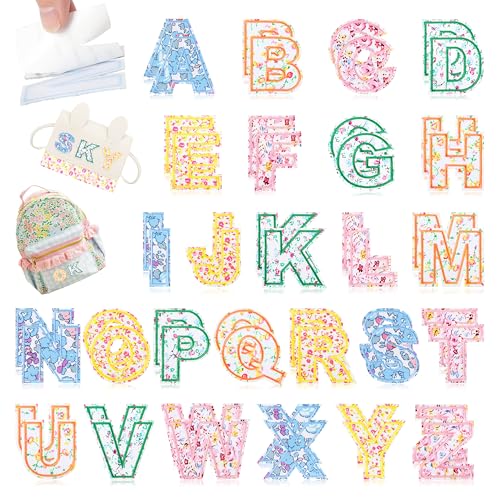 Selbstklebende Buchstaben-Patches für Kindertaschen: NICEVINYL 52 Stück, Blumenstoff, Varsity-Buchstaben, zum Aufkleben auf Mützen, bunte A-Z, Alphabet-Aufkleber für Kleidung, Jacken, Jeans, 52 Stück von NICEVINYL